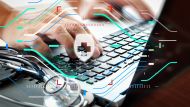 Doctor working with laptop computer in medical workspace office as concept